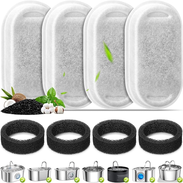 Vattenfontänfilter för rostfritt stål justerbar vattenflöde husdjursfontän, 4-pack husdjursersättningsfilter med 4 svampar