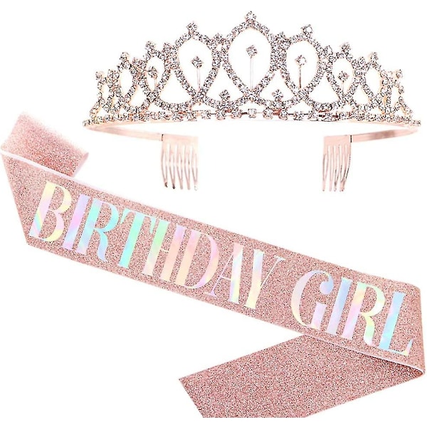 Födelsedagsflickans Sash & Rhinestone Tiara Set - Glitter Roséguld Födelsedagssash För Kvinnor 21:a 30:e Födelsedagspresenter Födelsedagsfestgåvor (roséguld/multi C