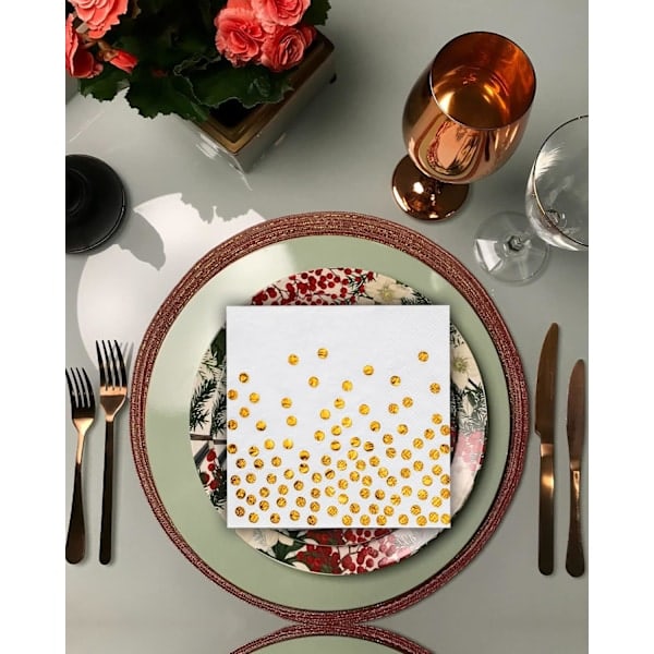 60 Gylne Polkadot-servietter, Gylne Folierte Papirservietter, Hvite Servietter for Dekorative Fester, Bursdager, Bryllup og Julefeiring (33x3...