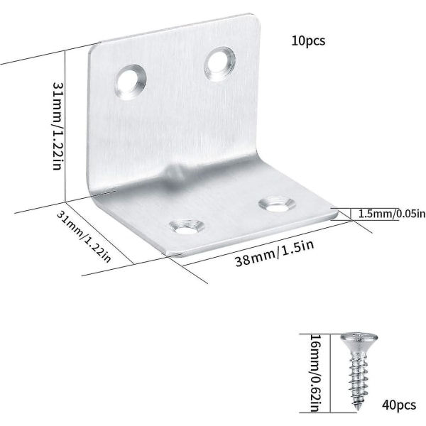 10 st hörnförstärkning, rätvinkliga hörnfästen, rostfria L-formade hyllfästen, fästbeslag med skruvar (30 * 30 * 38 mm)