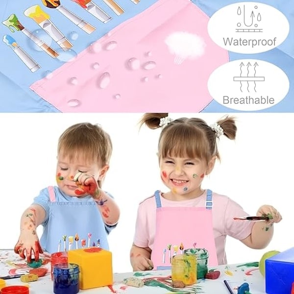 2-pack barnförkläden, målarförkläde, ålder 6-12, vattentäta kockförkläden för kök, målning, matlagning, bakning - 60×45 cm (rosa och blå)