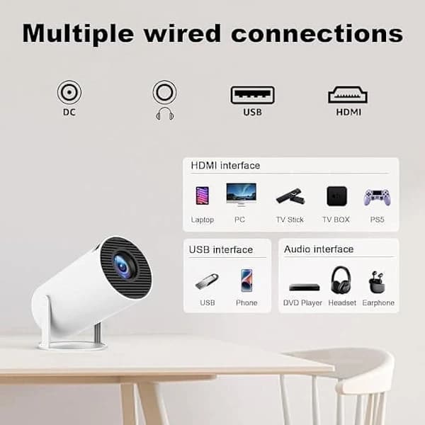HY300 Pro Mini Projektor 4K-stödd Android 12 WiFi 6 Bluetooth 5.2 Automatisk Keystone för Hemmabio Resor Vit