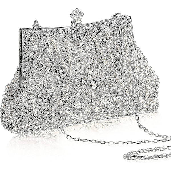Mote Kvinner Perle Sequin Glitter Veske Clutch Aften Håndveske Fangende Pung for Bryllupsfest Prom, Sølv