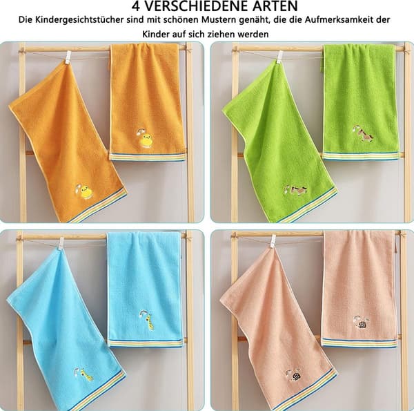 Børnehåndklæder, blødt absorberende polyester med søde dyredesigns, 4-delt sæt til ansigt, hænder og bad, flerfarvet, 50 x 25 cm
