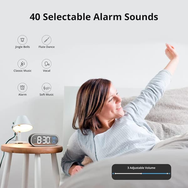 Mirror Digital Alarm Clock, LED Digital Clock, Large Time/Temperature/Humidity Display, 40 Ringtones, USB Charging, Black Alarm Clock