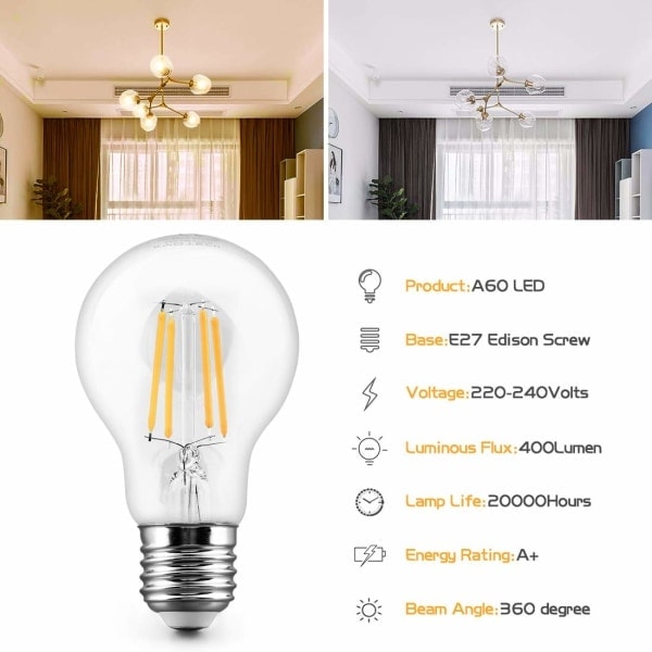 6-pack E27 LED-lampa vit 2700K 4W 400LM motsvarande 40W66W halogenlampa energibesparande A60 retro Edison-lampa