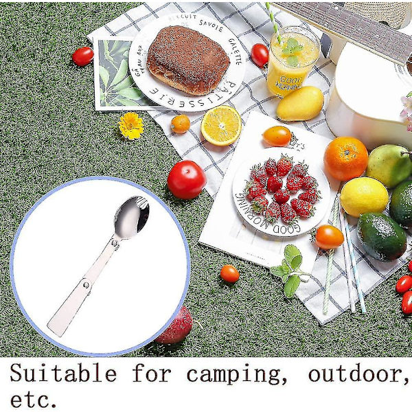 Titanium Spork Bærbart Bestik Foldbar Rustfrit Stålske Med Blå Etui Til Udendørs Camping Og Vandreture