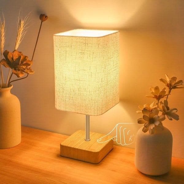 Touch Sängbordslampa, Dimbar Touchkontroll Nattduksbordslampor, Liten Lampa Träbas Beige Linneväv Lampskärm för Sovrum, Dimbar Glödlampa Ingår