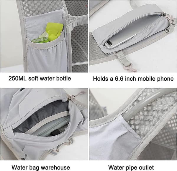 Hydrationsløbevest med flaskeholder, ultralet åndbar med refleksstriber, unisex til løb, cykling og vandring, grå
