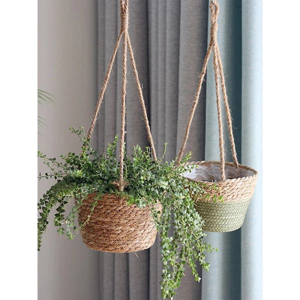 Set med 2 hängande blomkorgar i rotting, vävda krukor med hamprep för väggträdgårdsdekor, grön 20 cm