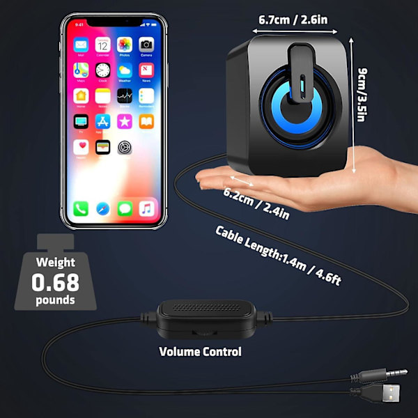 Gaminghögtalare för PC, USB-driven skrivbordshögtalare med 3,5 mm aux-ingång, inbyggd volymkontroll, RGB LED-lampor Svart 60*65*100mm