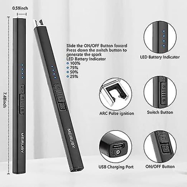 Lighter Elektrisk Lighter Stearinlys Lighter Oppladbar Usb Lang Lighter Arc Lightere For Stearinlys Camping Familie Bruk (svart)