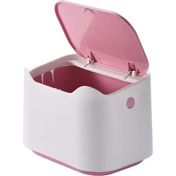 Mini Desk Trash Can with Lid - Small Countertop Garbage Bin Tiny Waste Basket for Office, Dresser, Bedroom Garbage Cans Pink and White 17.7*12*13.4cm