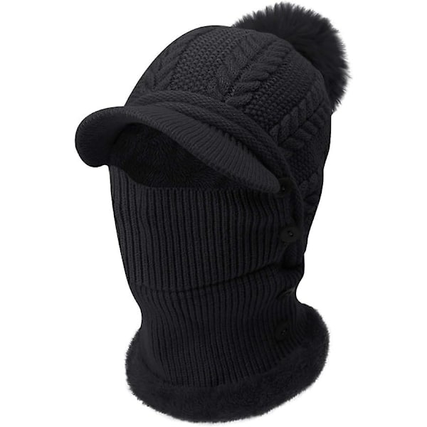 Dame Vinter Varm Strik Baseball Cap Ansigtsbandana Halsvarmer Med Fluffy Pom Pom (sort)