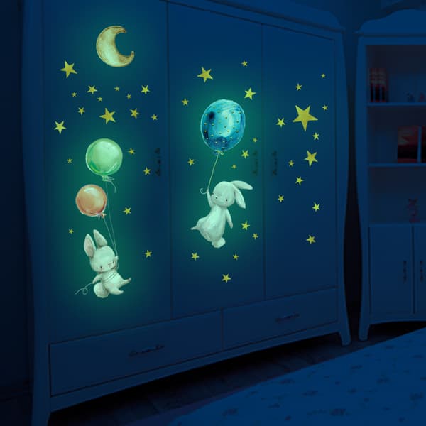 Small Rabbit Luminous Star Balloon Wall Sticker Cartoon Wall Decal Nursery Decorative Luminous Sticker