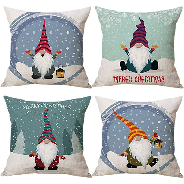 Juleputetrekk 45x45cm Sett med 4 Juledekorasjoner Svensk Gnome Tomte Dekorative Putetrekk for Sofa Juledekorasjon