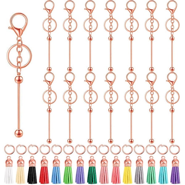 15 st Beadable Keychain Bar Metall Blank Keychain Med 15 st Läder För Diy Bead Keychain Supplie