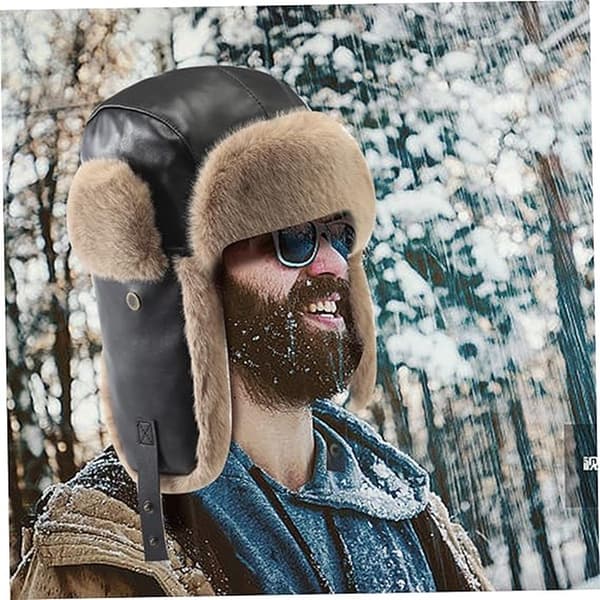 Læder pilot hat, russisk hat, unisex skihue med øreklapper og ansigtsbeskyttelse, pelshue, sort, 1 stk.