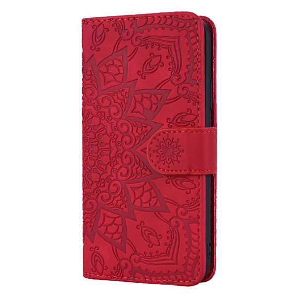 iPhone 17 Pro Max Case Leather Case - Mandala Embossed Double Fold Calfskin Röd