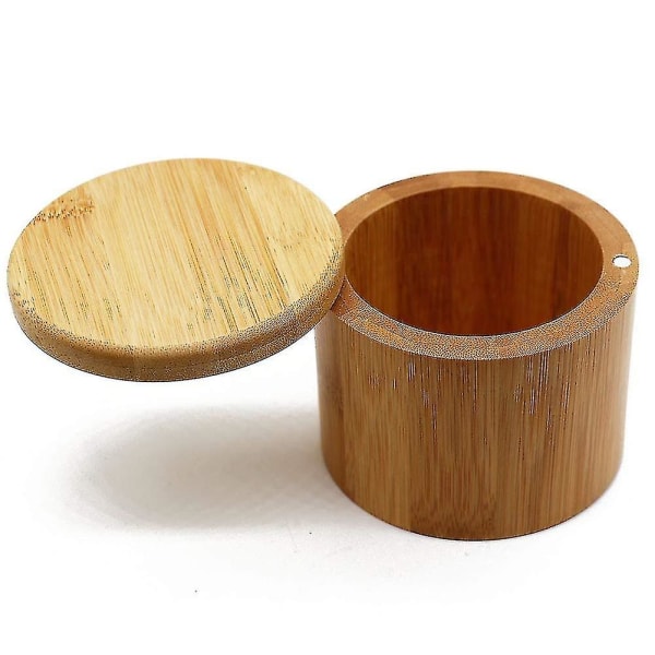 Bamboo Salt Box With Magnetic Swivel Lid, Round Spice Container, Secure Durable Storage & Organization