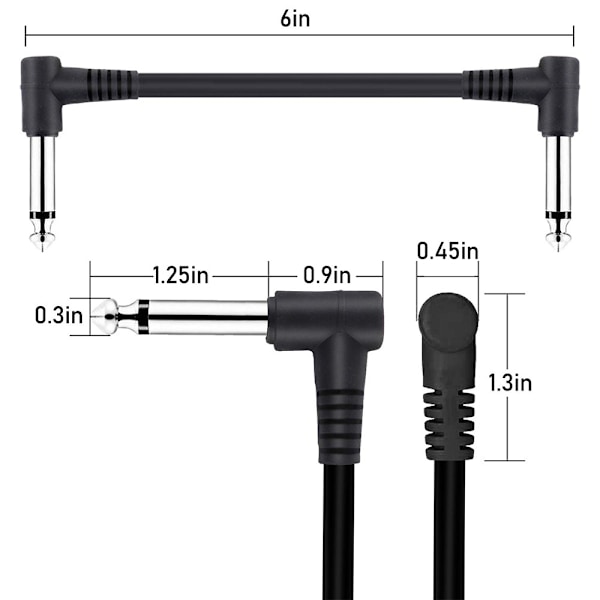 6 kappaletta 12 tuuman kitarapatch-kaapelia, musta kitarapedaalikaapeli, efektijohto, TS-oikean kulman kitarapatch-kaapeli