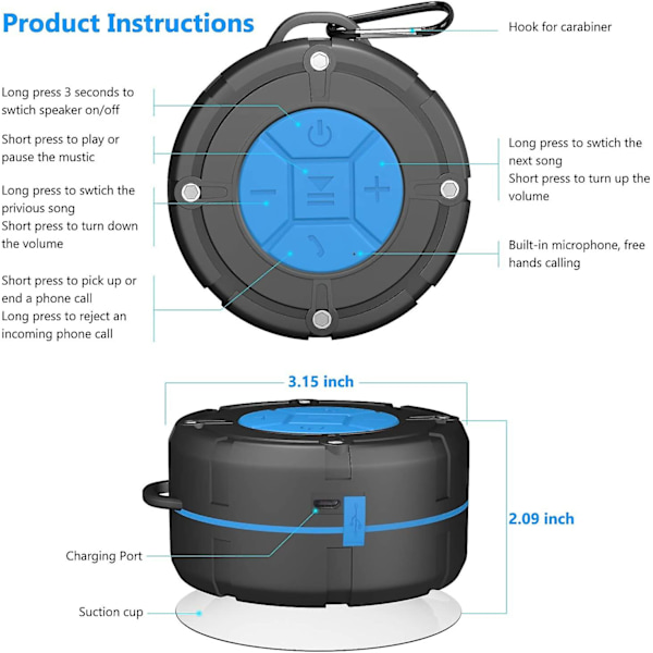 Bærbar Bluetooth-høyttaler, vanntett Ipx7 trådløs dusjhøyttaler Bluetooth 4.2 høy stereolyd