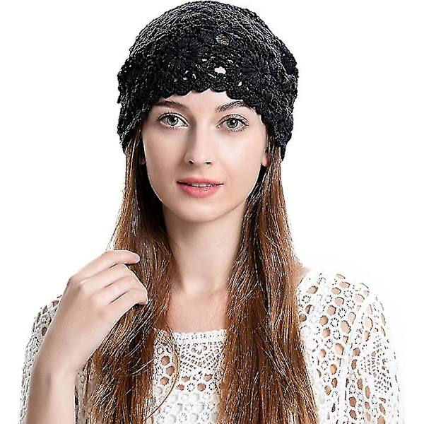 Dam sommar stickade mössor handgjorda virkade mössa slouch beanie mössa svart
