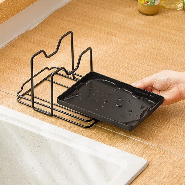 Pan Pot Lågholder Stativ Skærebræt Rack Skeholder Hakkebræt Organizer Stativ med Drypbakke (Sort)