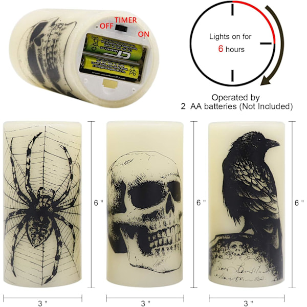 Halloween Flameless Candles, Battery Operated Real Wax LED Candles with Raven, Spider, Spiderweb and Skull for Halloween Decoration