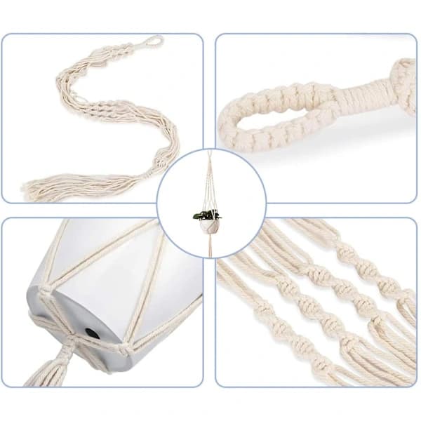 5-pack makrameväxthängare, handvävda bomullsrep Boho blomkrukshållare för inomhus utomhus balkong tak vägg, beige