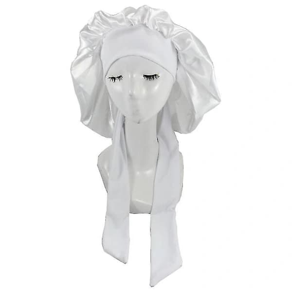 Silke Bonnet Satin Bonnet Til Sovende Bonnet Med Bindebånd Nat Hætte hvid[CO]