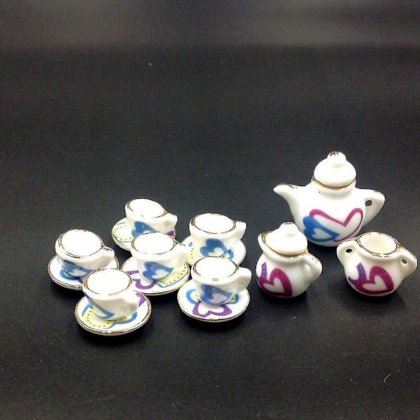 15 stk dukkehus miniatyr keramikk hjertetrykk potte kopp kaffe te service sett