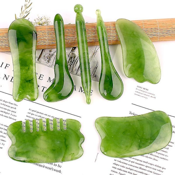 7-delt Gua Sha massasjesett, Gua Sha-massasjesett i naturlig harpiks for ansikts-, rygg- og nakkeavslapping, lindrer muskelsmerter - Snngv