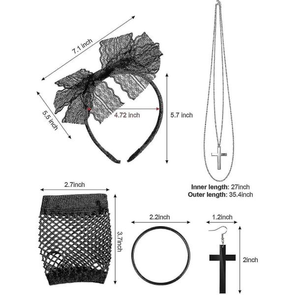 80'er kostumetilbehør, blondehovedbånd, øreringe, fiskenet handsker og halskæde armbånd (sort)