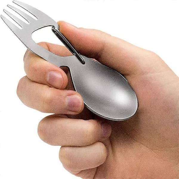 Rustfrit Stål Gaffel - Titan Ske med Flaskeåbner - Sølv Campingbestik - rustfrit stål, titan