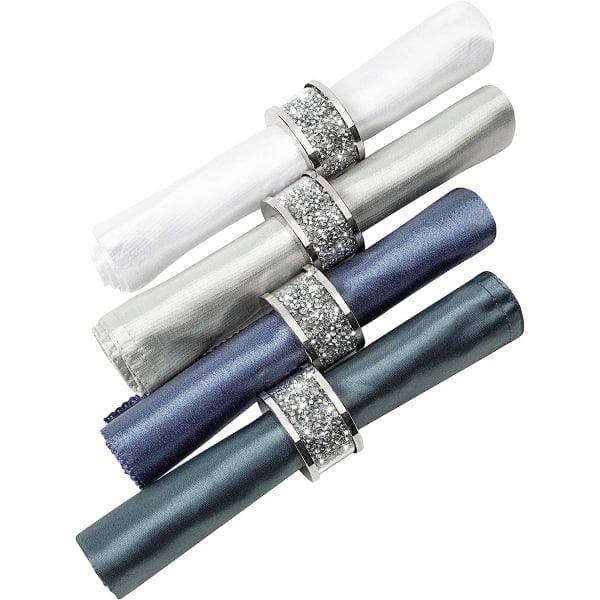Servettringar Silver Set om 4, Bling Servetthållare Full av Ossade Diamanter för Middagsbjudning, Bordsdekoration
