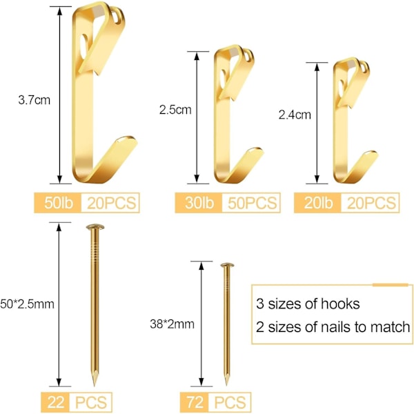 184 deler Bildeopphengssett, 20lb, 30lb og 50lb Bildehengere, Metall Bildeopphengskroker med Spiker, på Gipsplater, Tretvegg(Gull)