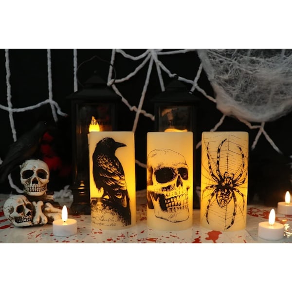 Halloween Flameless Candles, Battery Operated Real Wax LED Candles with Raven, Spider, Spiderweb and Skull for Halloween Decoration