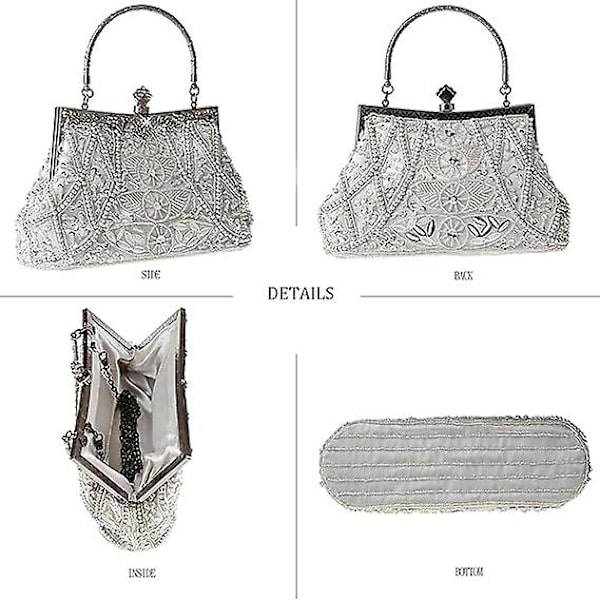 Mote Kvinner Perle Sequin Glitter Veske Clutch Aften Håndveske Fangende Pung for Bryllupsfest Prom, Sølv