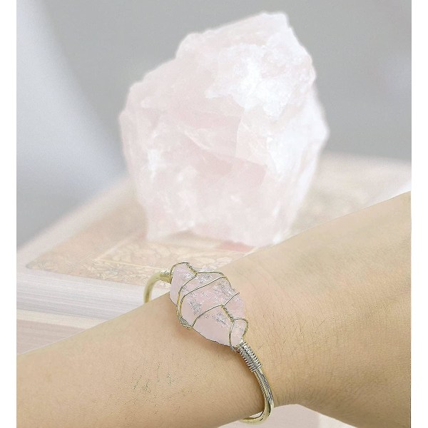 Rose Quartz Manchet Armbånd, Guldbelagt Trådindpakket Uregelmæssig Naturlig Ædelsten Manchet Armbånd Til Kvinder, Håndlavede Justerbare Manchet Armbånd Til Store Wr