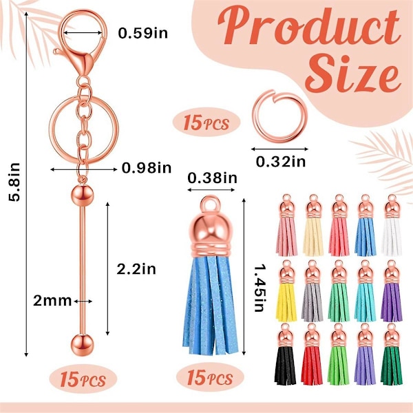 15 st Beadable Keychain Bar Metall Blank Keychain Med 15 st Läder För Diy Bead Keychain Supplie