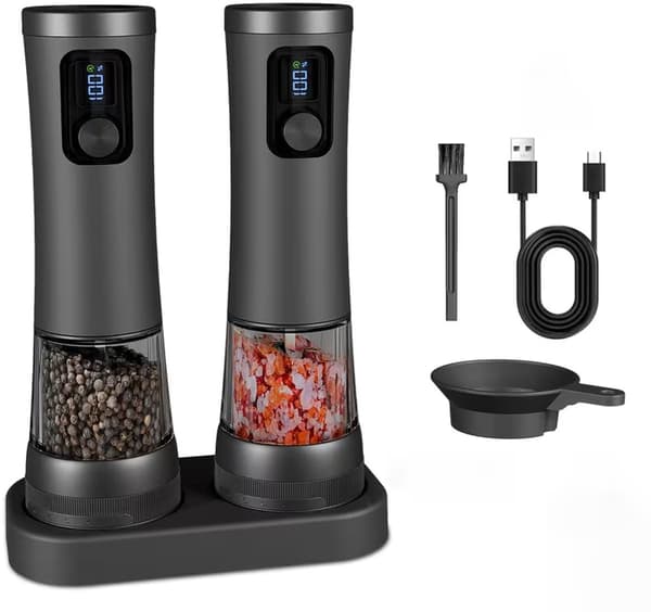 Elektriske salt- og peberkværne, rustfrit stål, keramisk kerne, 5 kværnindstillinger, USB-C genopladelig, til moderne køkkener, sort