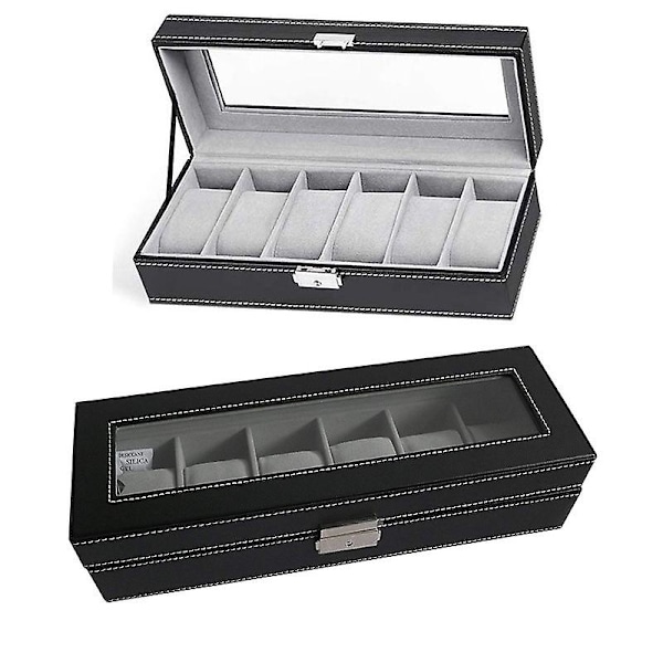 6 Slot Läder Klocklåda Display Case Organizer Glas Smycken Förvaring Svart