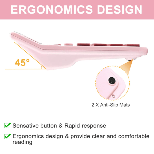 Laskimet, 12-numeroinen pöytälaskin suurella näytöllä ja suurilla painikkeilla, aurinko- ja paristokäyttöinen kaksoisvirtalähde toimistolaskimet (vaaleanpunainen) Vaaleanpunainen