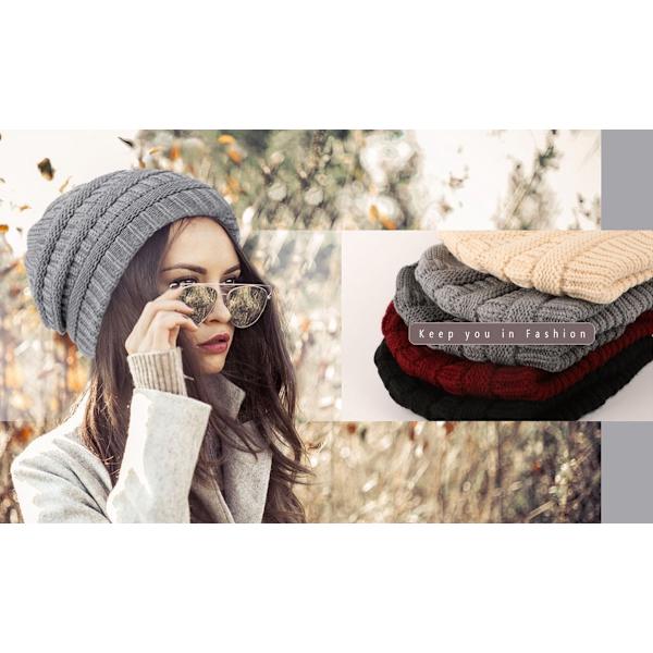 Stickad vintermössa för kvinnor, varm slouchy skidmössa med satin foder, mörkgrå, 52-60cm