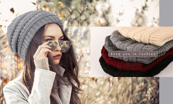 Strikket vinterlue for kvinner, varm slouchy skihue med satengfôr, mørkegrå, 52-60 cm