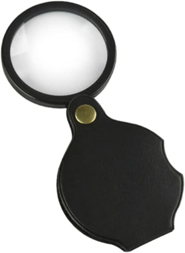 Pocket Magnifier, 70mm 6X Mini Folding Magnifying Glass with Rotating Leather Protective Case for Hobby Science Class Reading, Black