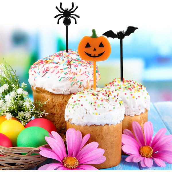 100 stk cupcake-dekorasjoner i plast - gresskar, spøkelser, flaggermus, hodeskaller og edderkopper
