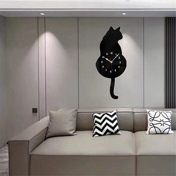Svart kattpendel väggklocka, kattklocka, kattklocka med rörlig svans, kattgunga, fantasifull rolig vägg