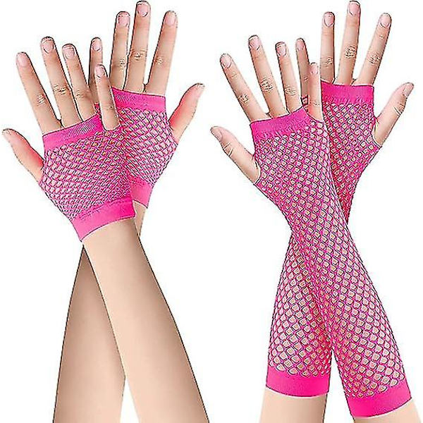 2 par lange og korte fiskenet handsker (rose) fingerløse fiskenet handsker mesh handsker 80'er fiskenet handsker handsker til 80'er fancy dress tilbehør